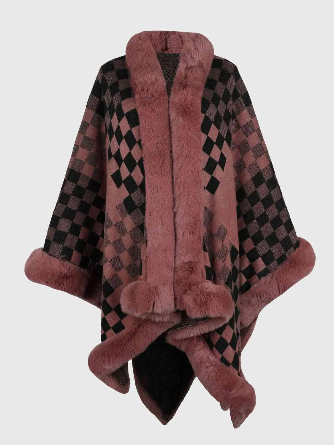 Lavish Winter Checkered Faux Fur Trim Poncho