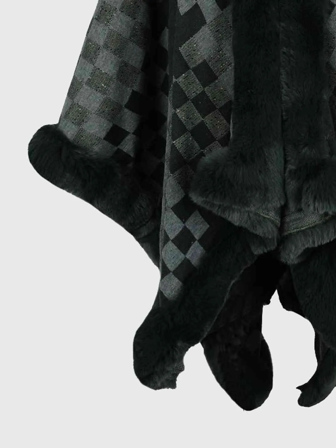 Lavish Winter Checkered Faux Fur Trim Poncho
