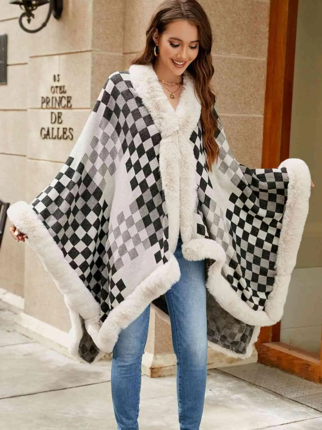 Lavish Winter Checkered Faux Fur Trim Poncho