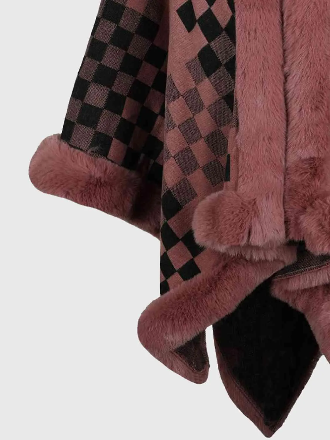 Lavish Winter Checkered Faux Fur Trim Poncho