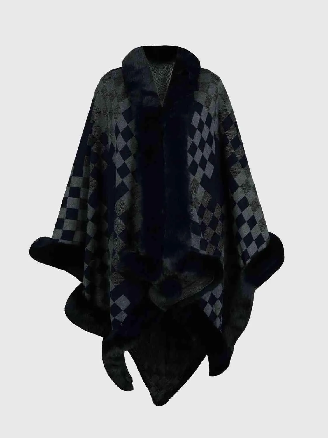 Lavish Winter Checkered Faux Fur Trim Poncho