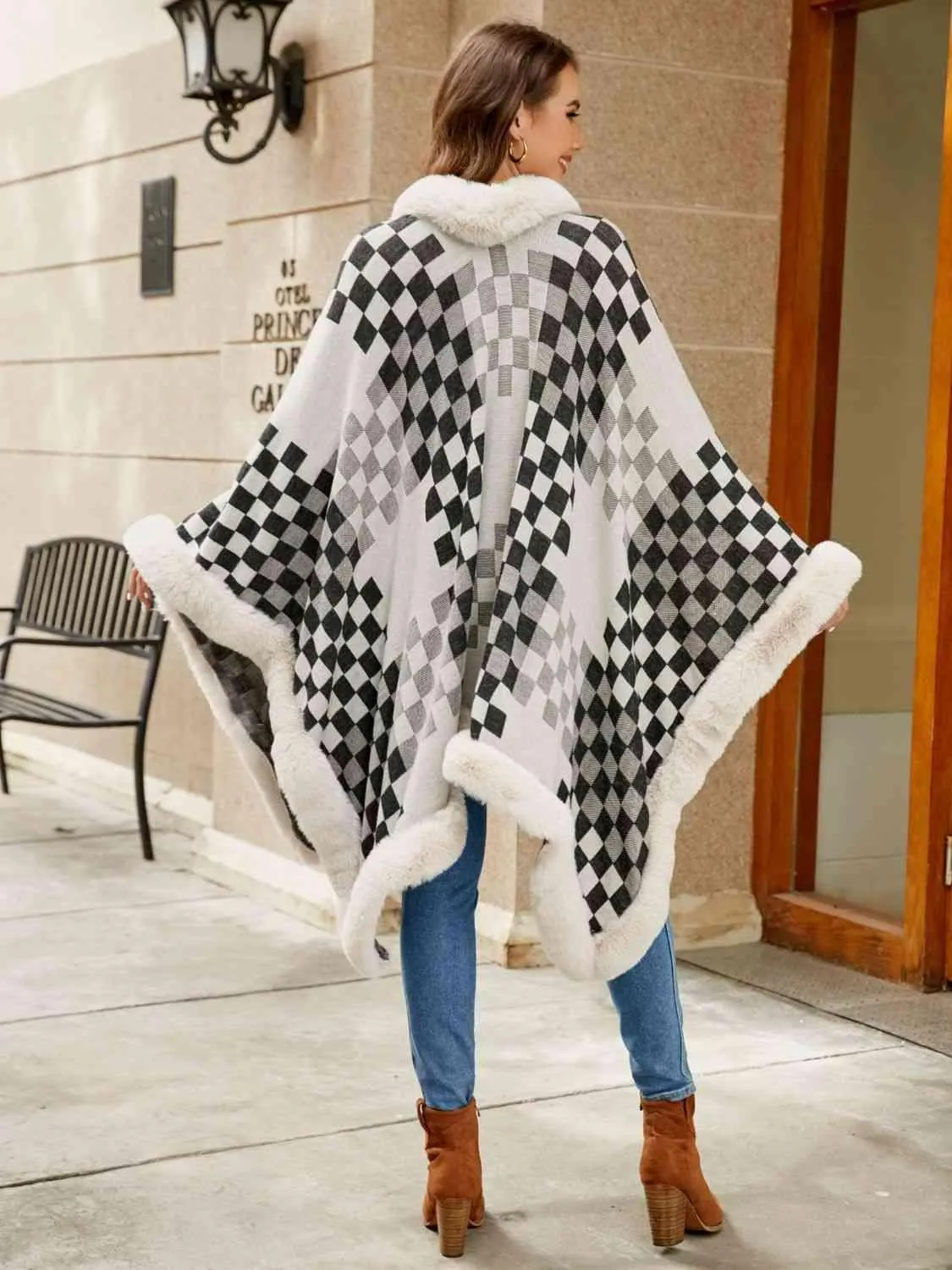 Lavish Winter Checkered Faux Fur Trim Poncho