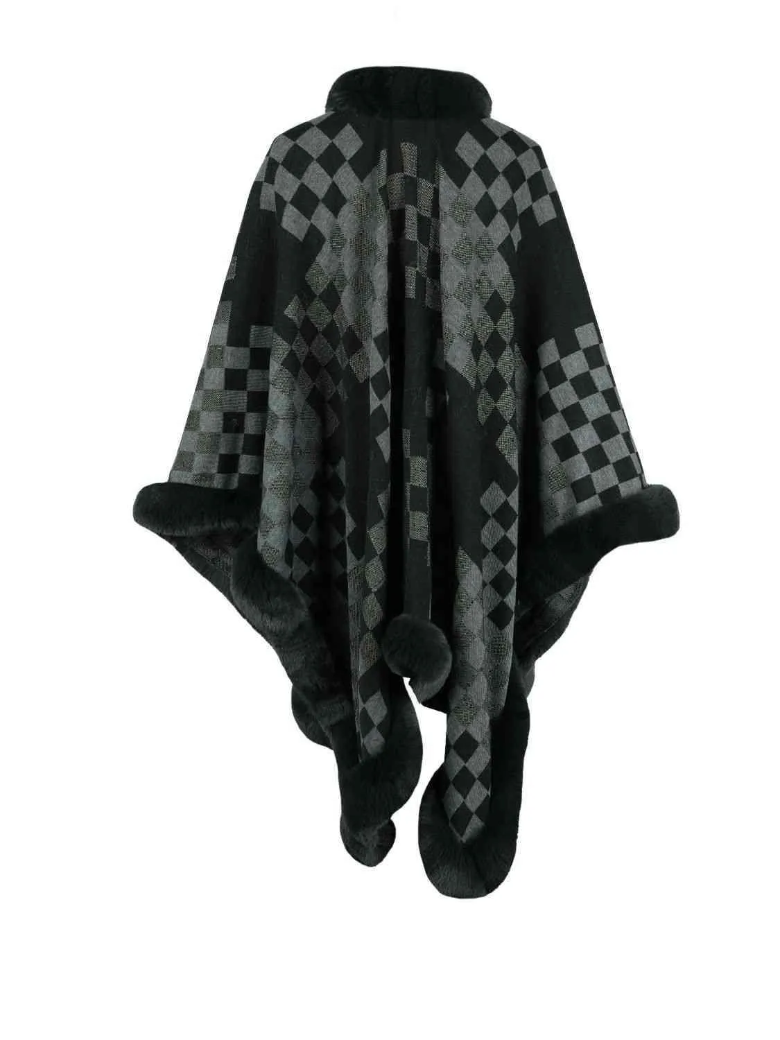Lavish Winter Checkered Faux Fur Trim Poncho