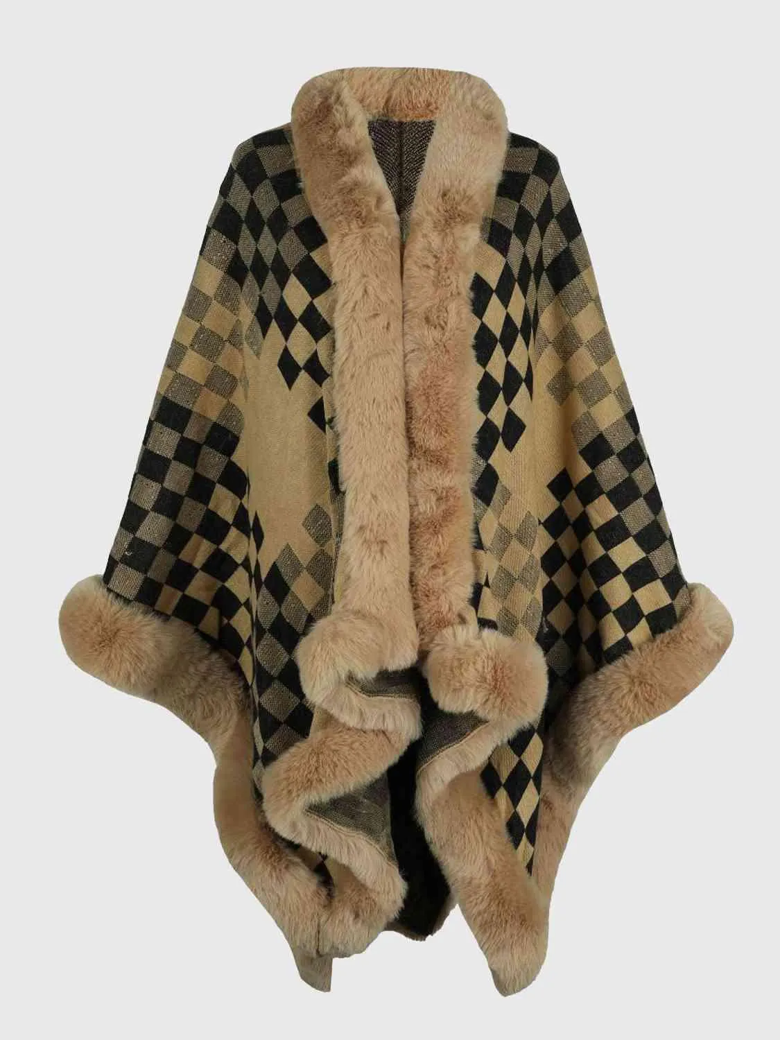 Lavish Winter Checkered Faux Fur Trim Poncho
