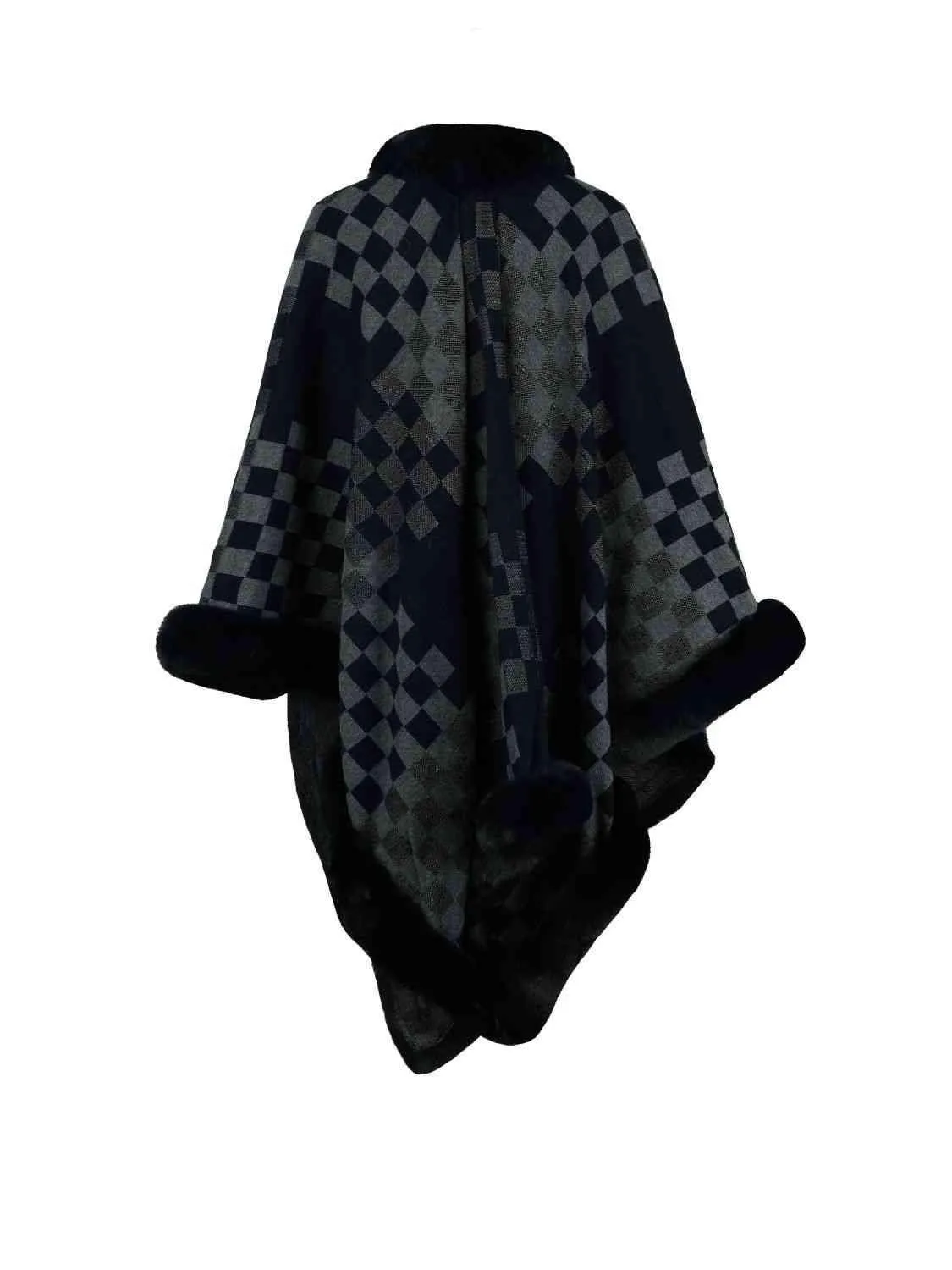 Lavish Winter Checkered Faux Fur Trim Poncho