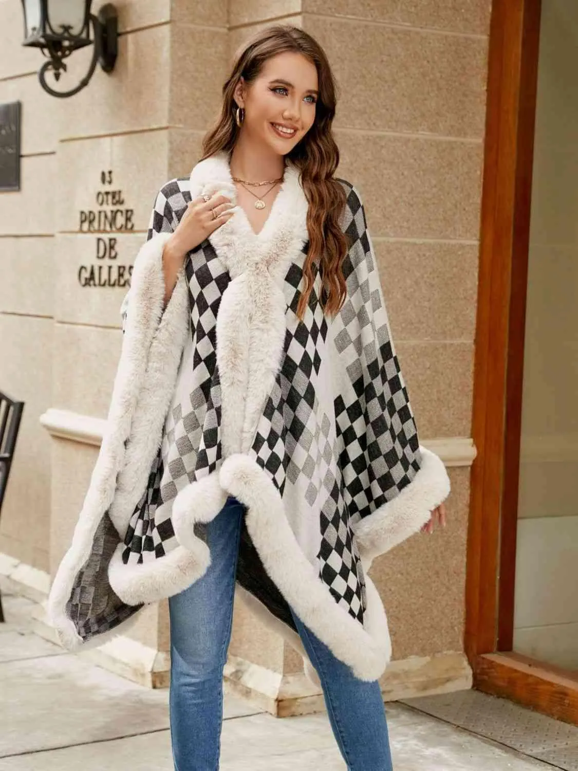 Lavish Winter Checkered Faux Fur Trim Poncho