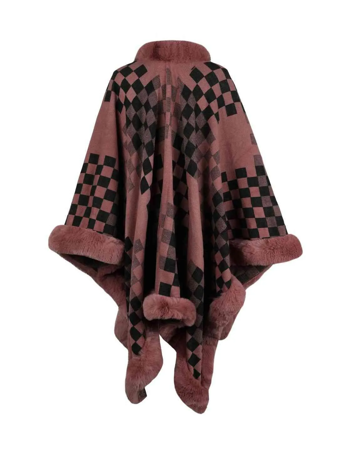 Lavish Winter Checkered Faux Fur Trim Poncho