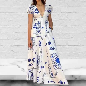 Linen Blend Unique Print Puff Sleeve Pocketed Maxi Dress
