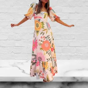 Looking For Sunshine Floral Print Square Neck Bubble Sleeve Maxi Dress