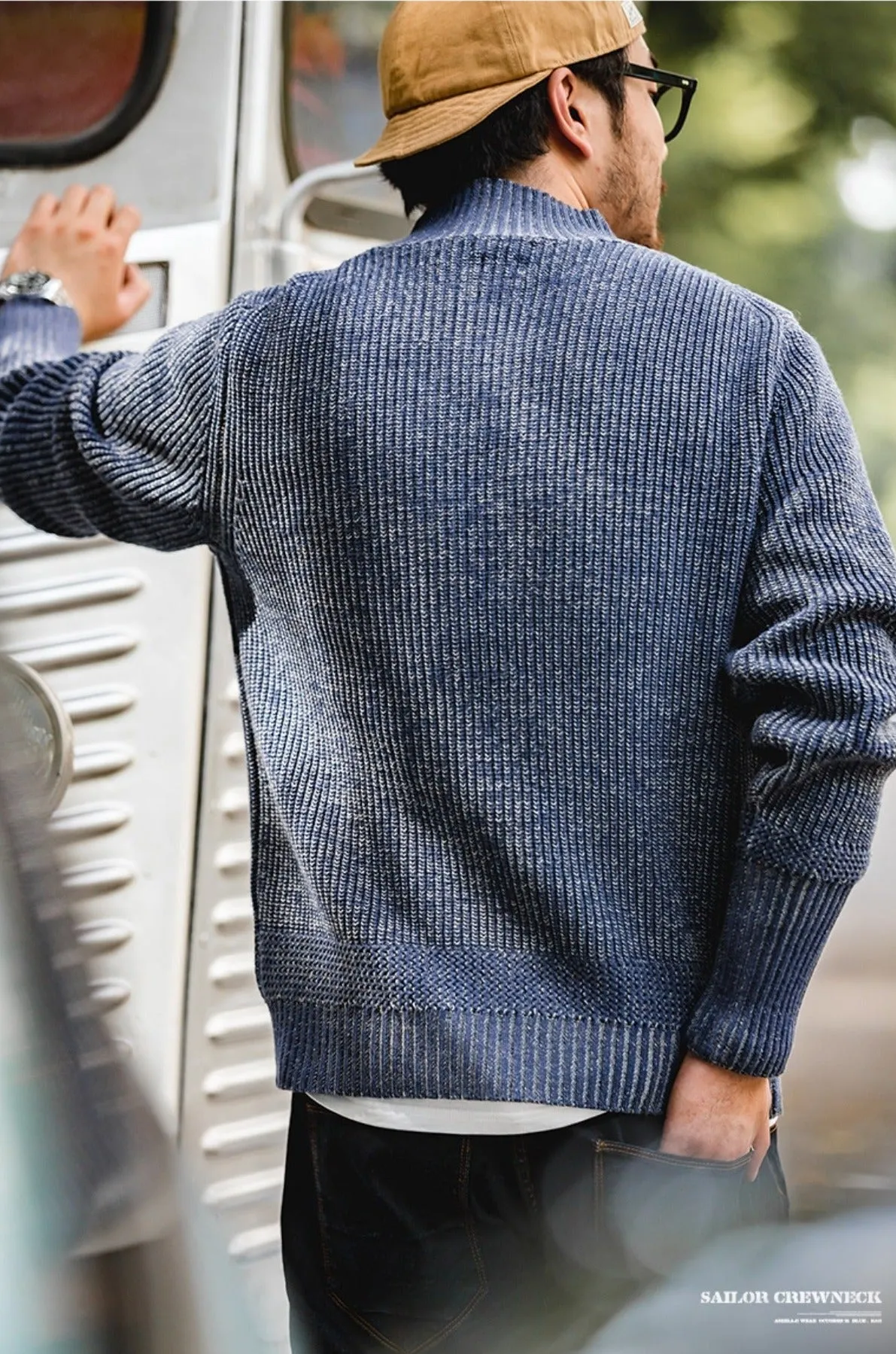Maden Double Yarn Retro Sailor Crewneck Sweater Variegated Design Men’s Basic Thicken Pullover Winter Autumn Wears Mock Neck
