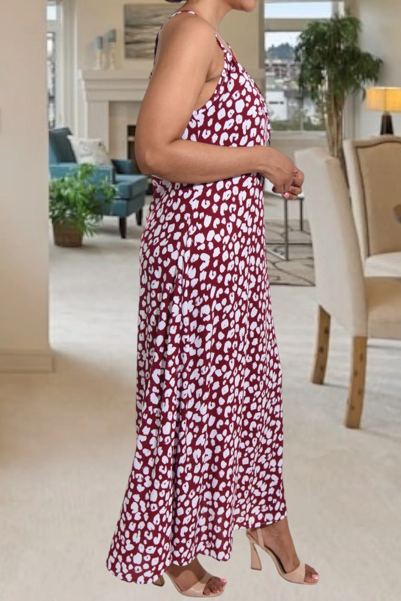 Maroon Printed Strappy Maxi Dress