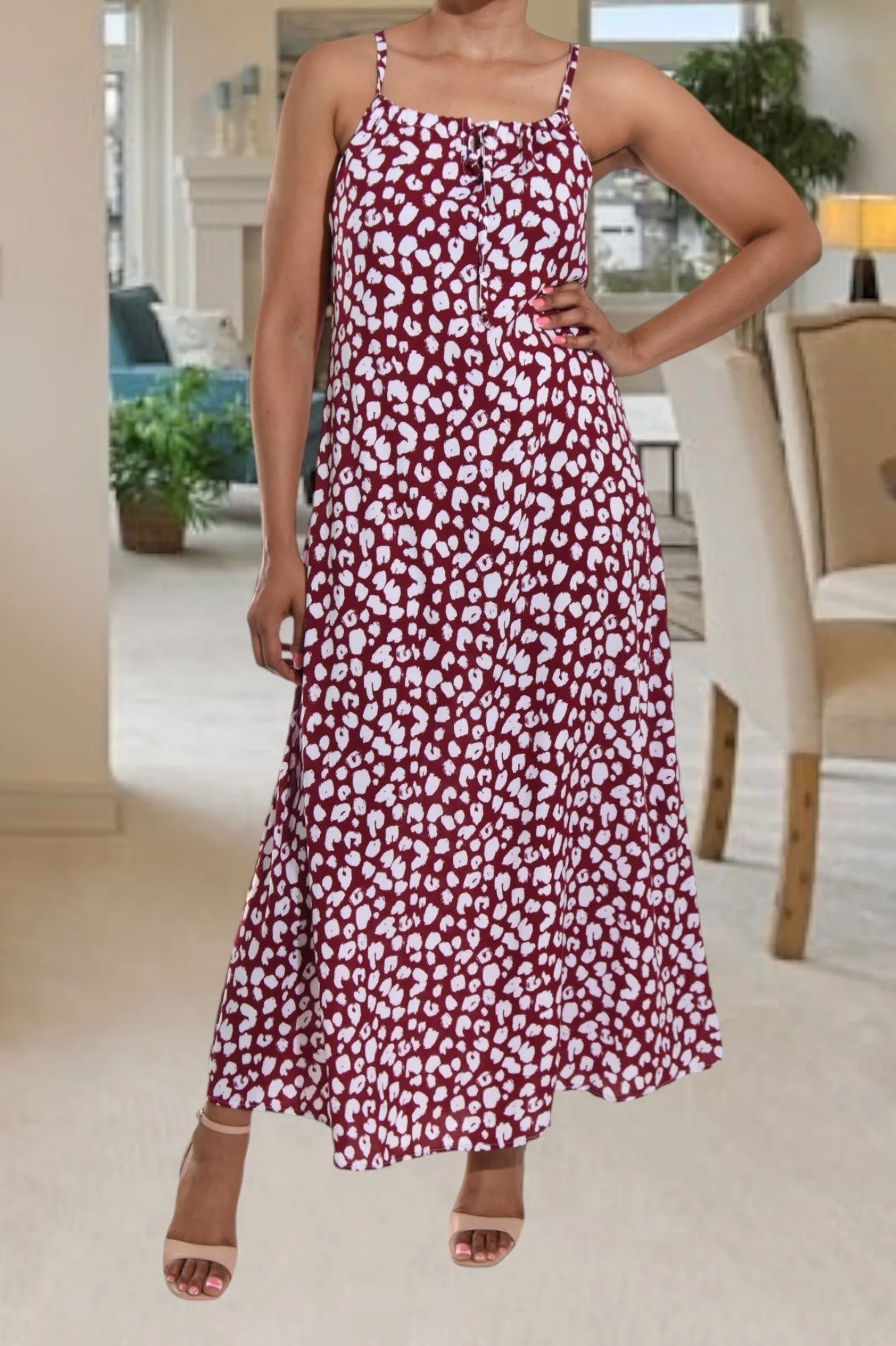 Maroon Printed Strappy Maxi Dress