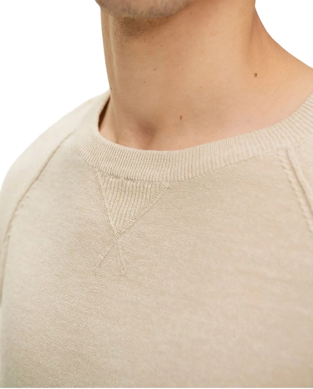 Mens Beige Crew Neck Deco Stitch Cotton Knit Big &Tall Jumper