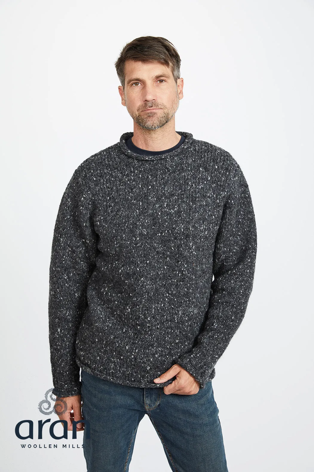 Men's Donegal Tweed Wool Roll Neck Sweater by Aran Mills - 2 Colours