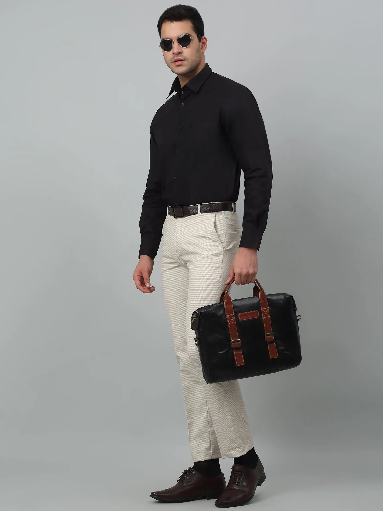 Men's Formal Flat front Beige Houndstooth Trousers