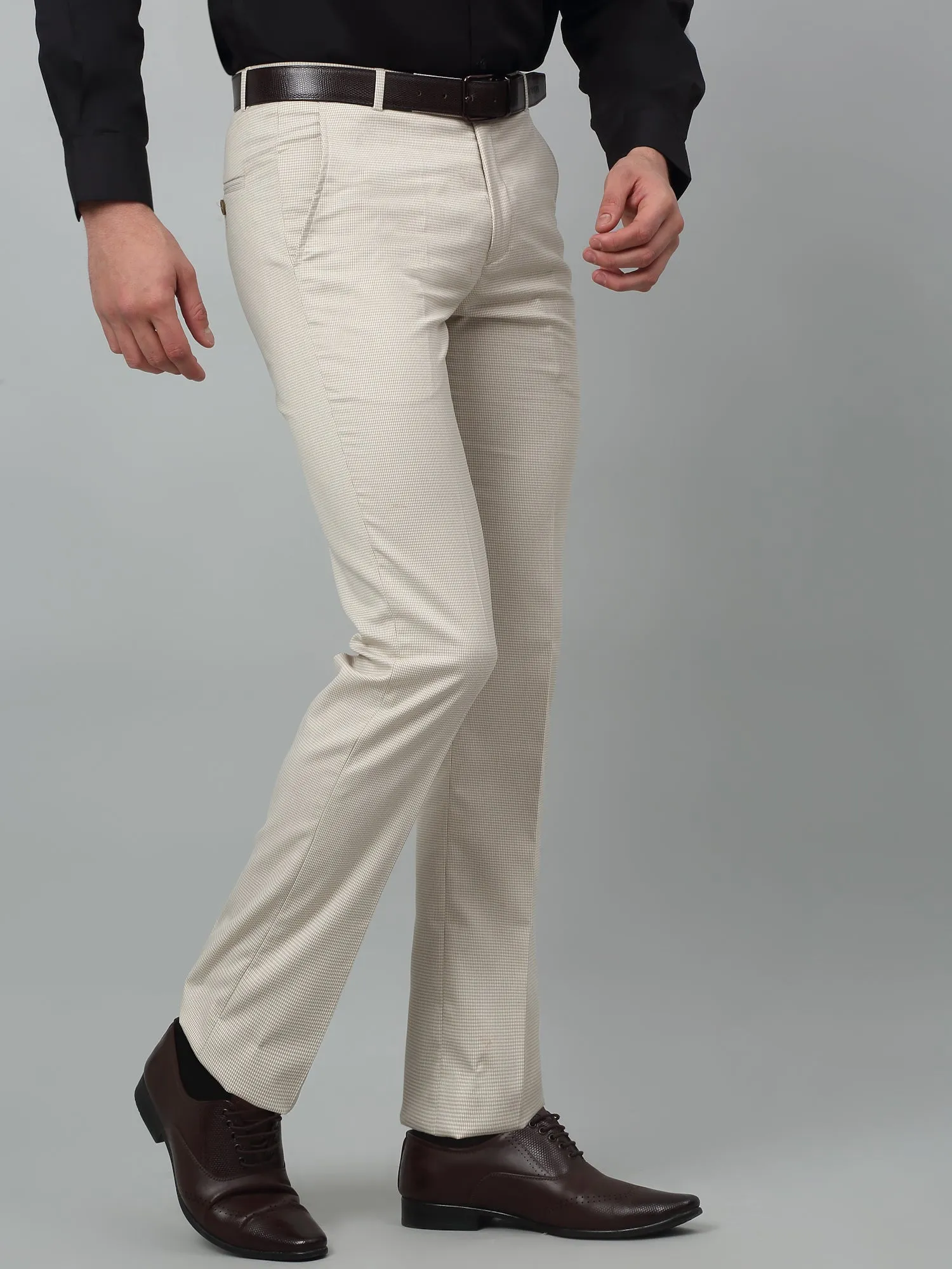Men's Formal Flat front Beige Houndstooth Trousers