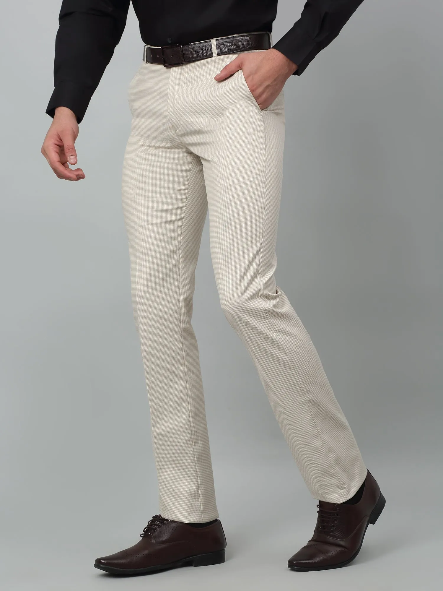 Men's Formal Flat front Beige Houndstooth Trousers