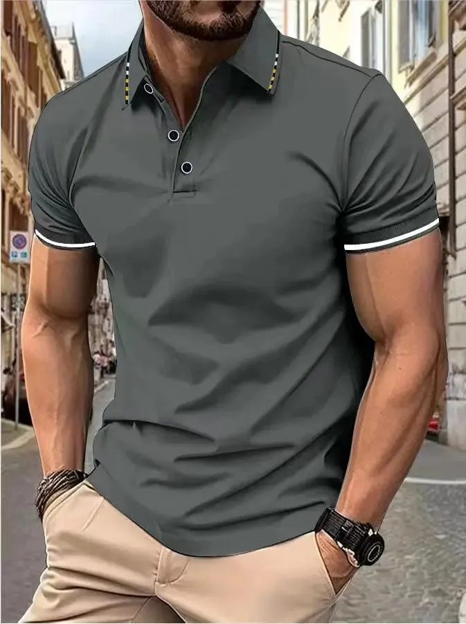 Men's Intercolored Lapel Polo Shirt for Summer