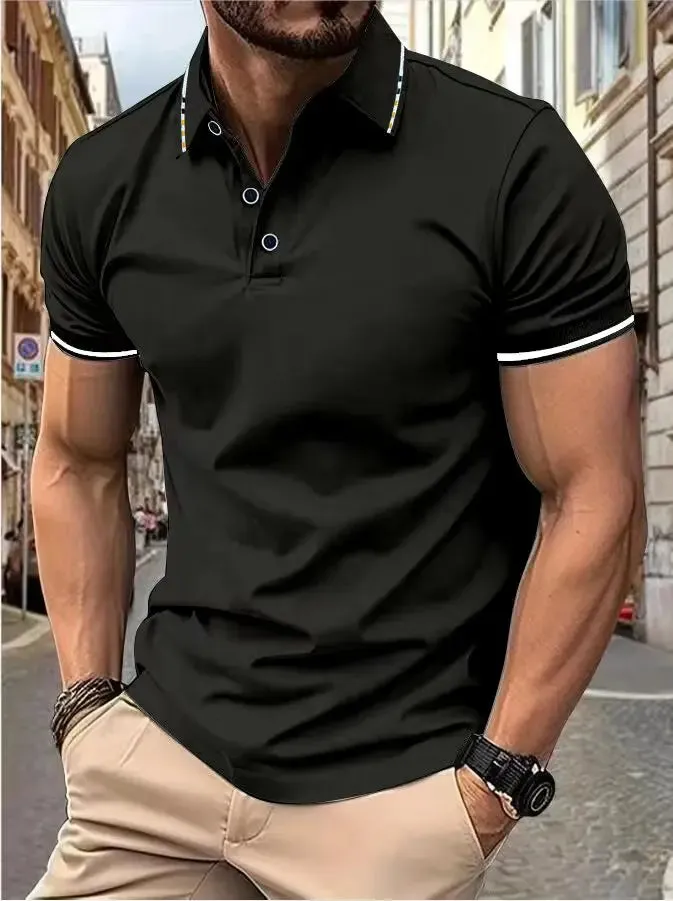 Men's Intercolored Lapel Polo Shirt for Summer