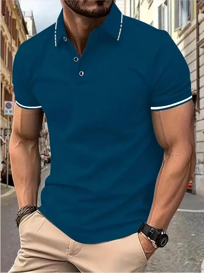 Men's Intercolored Lapel Polo Shirt for Summer