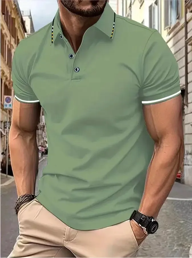 Men's Intercolored Lapel Polo Shirt for Summer
