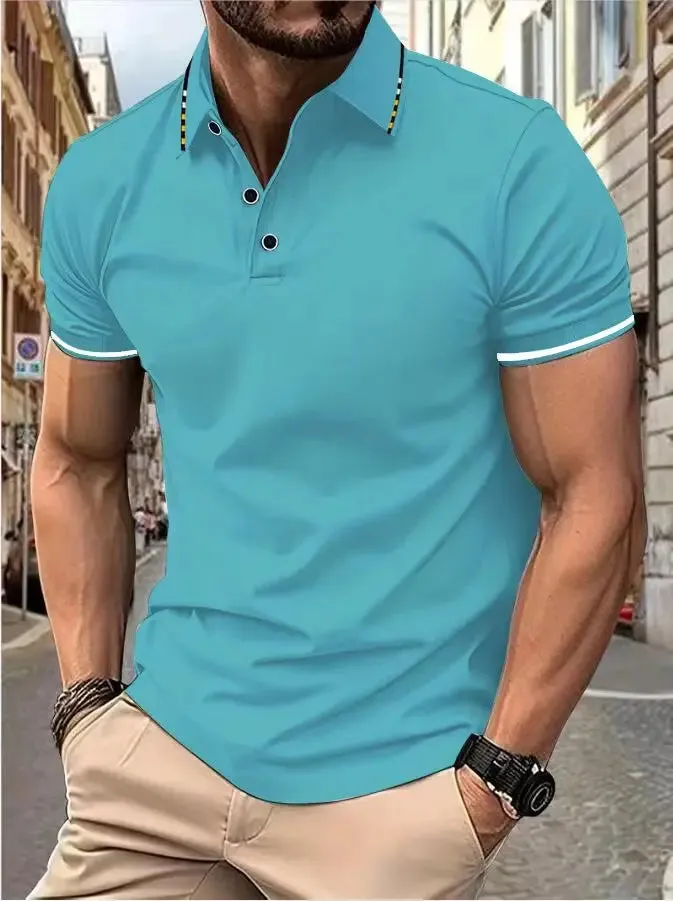 Men's Intercolored Lapel Polo Shirt for Summer
