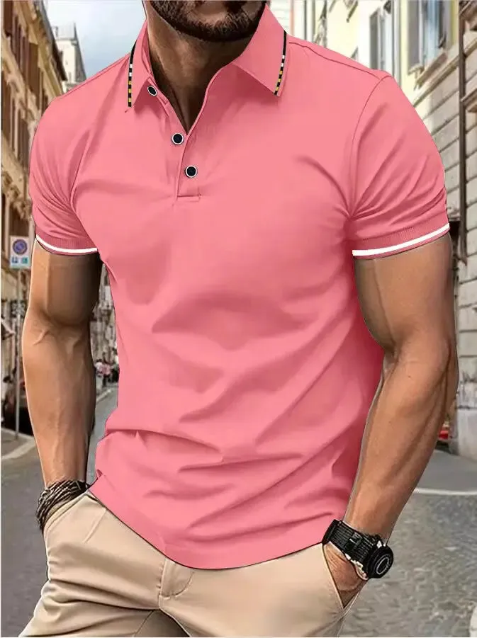 Men's Intercolored Lapel Polo Shirt for Summer
