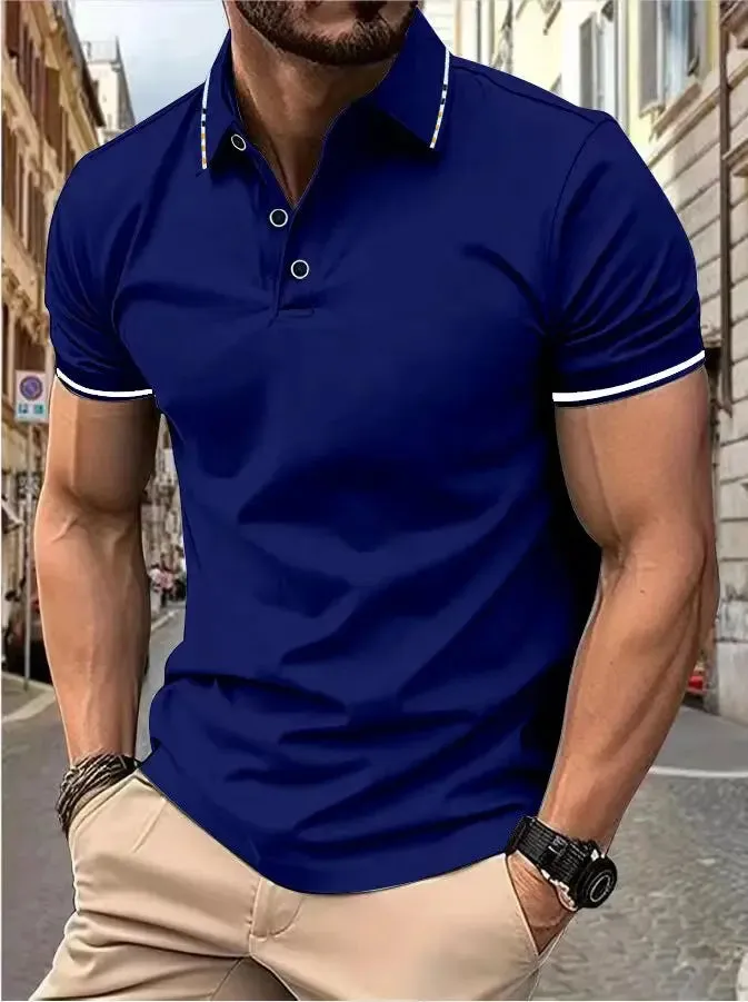 Men's Intercolored Lapel Polo Shirt for Summer