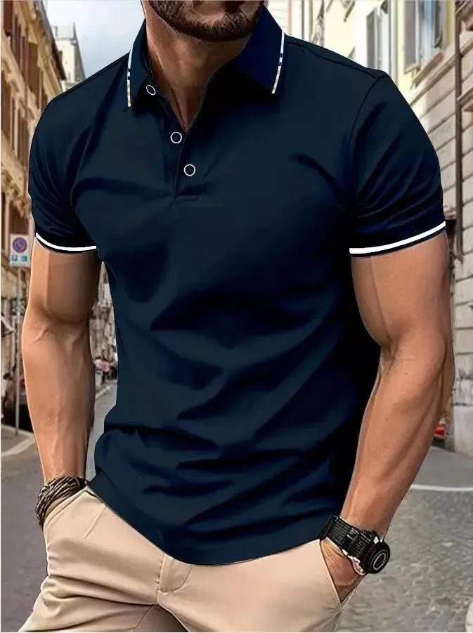 Men's Intercolored Lapel Polo Shirt for Summer
