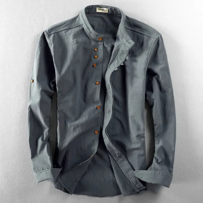 Men's Stand Collar Slim Fit Linen Cotton Shirt
