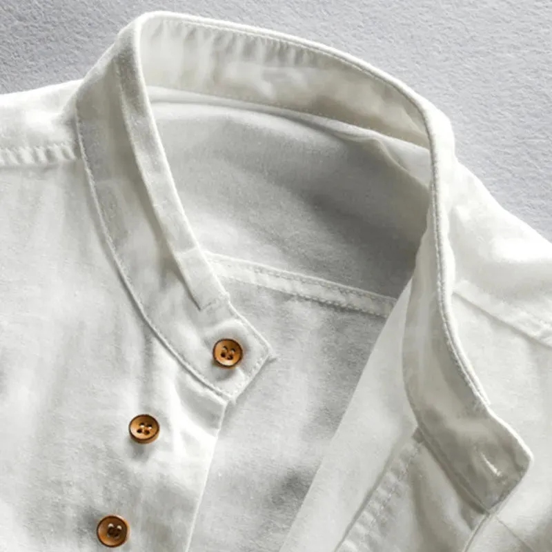 Men's Stand Collar Slim Fit Linen Cotton Shirt