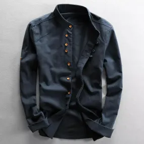 Men's Stand Collar Slim Fit Linen Cotton Shirt
