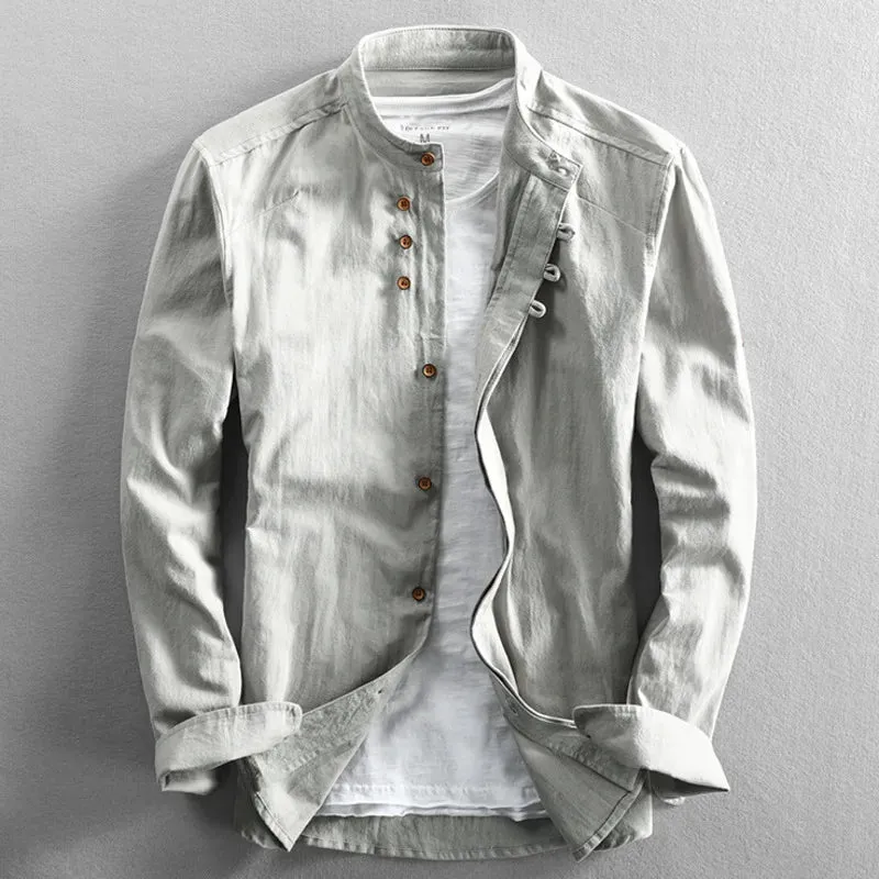 Men's Stand Collar Slim Fit Linen Cotton Shirt