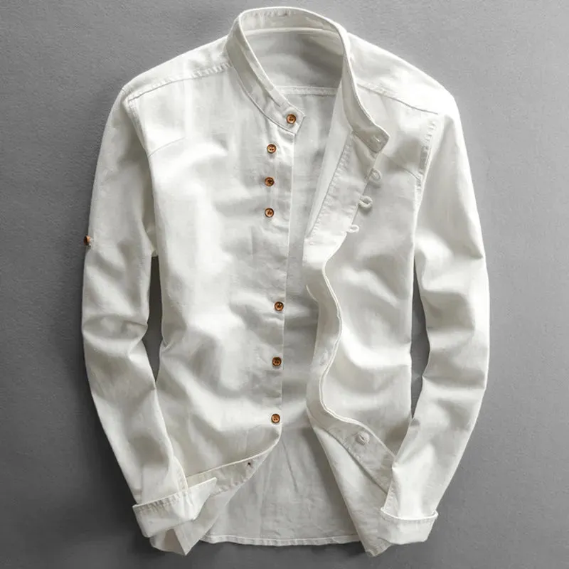 Men's Stand Collar Slim Fit Linen Cotton Shirt