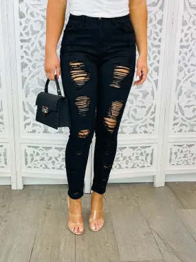 MIDNIGHT SKY Black Stretchy Ripped Distressed Jeans