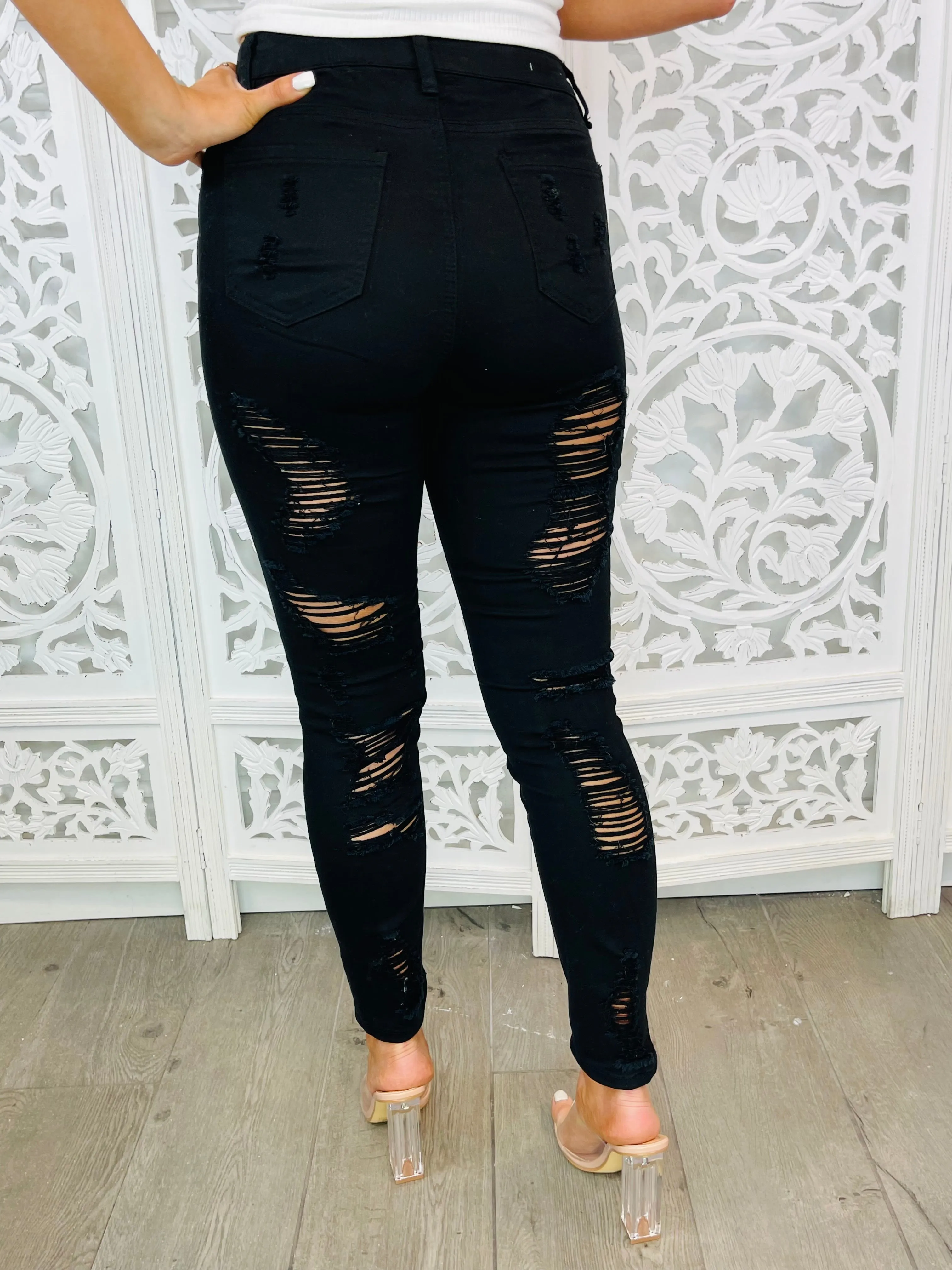 MIDNIGHT SKY Black Stretchy Ripped Distressed Jeans