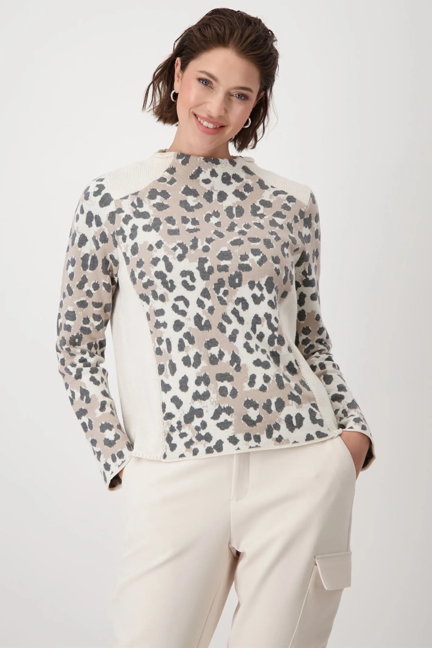Monari 807858 Sandshell Cream Pattern Leopard Print Stand-Up Collar Jumper