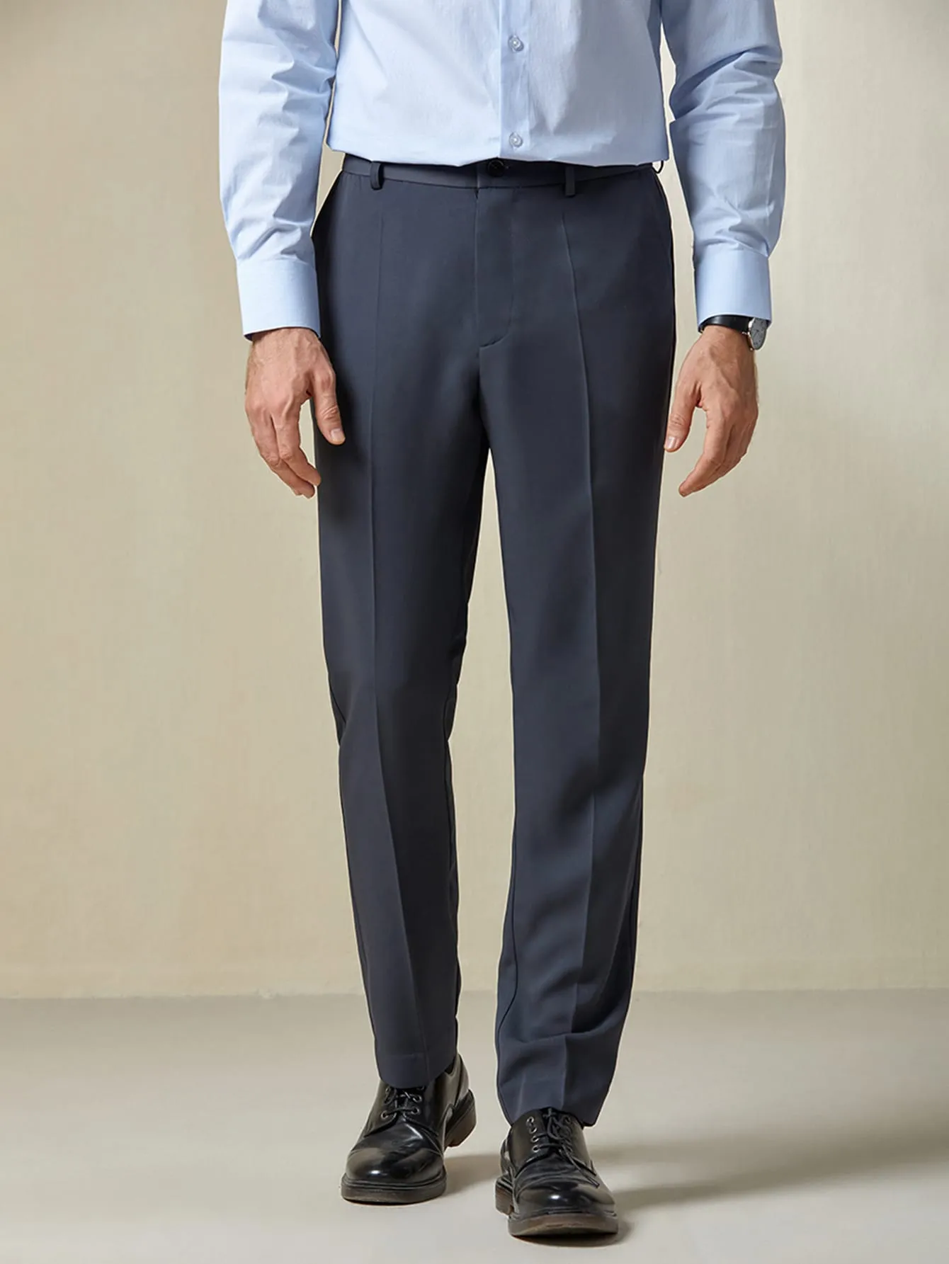 Navy Blue Zipper Fly Solid Suit Trousers