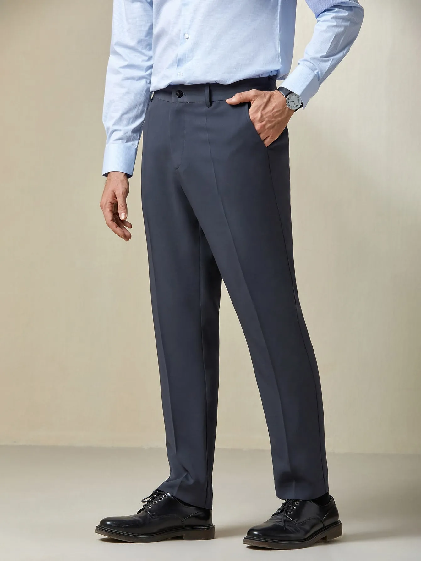 Navy Blue Zipper Fly Solid Suit Trousers