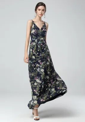 Navy Floral Print Spaghetti Chiffon Maxi Dress