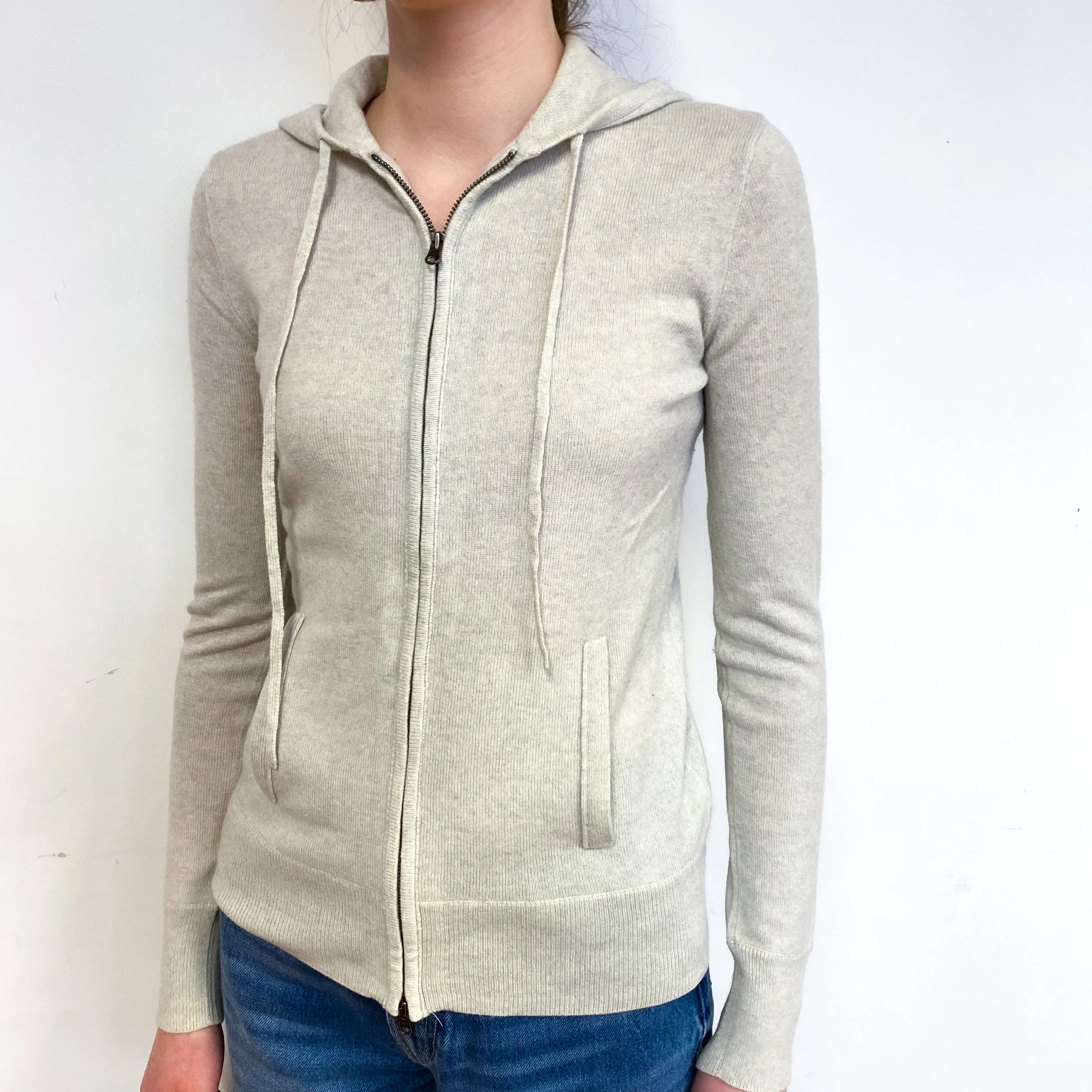 Oatmeal Beige Cashmere Zip Hoodie Cardigan Extra Small