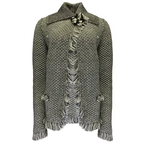 Oscar de la Renta Black / White Woven Tweed Cardigan Sweater
