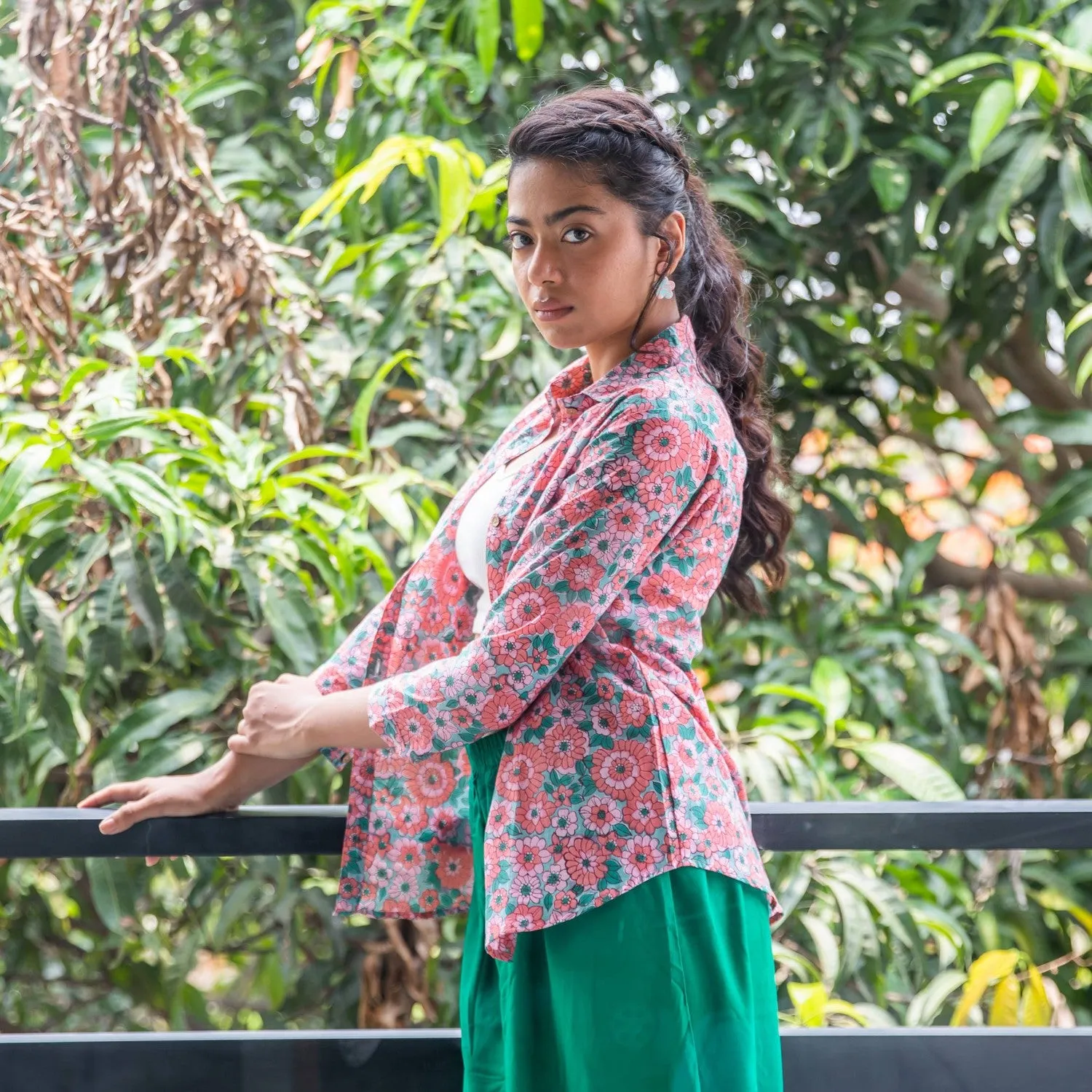 Peach & Green Daisy Floral Handblock Printed Shirt