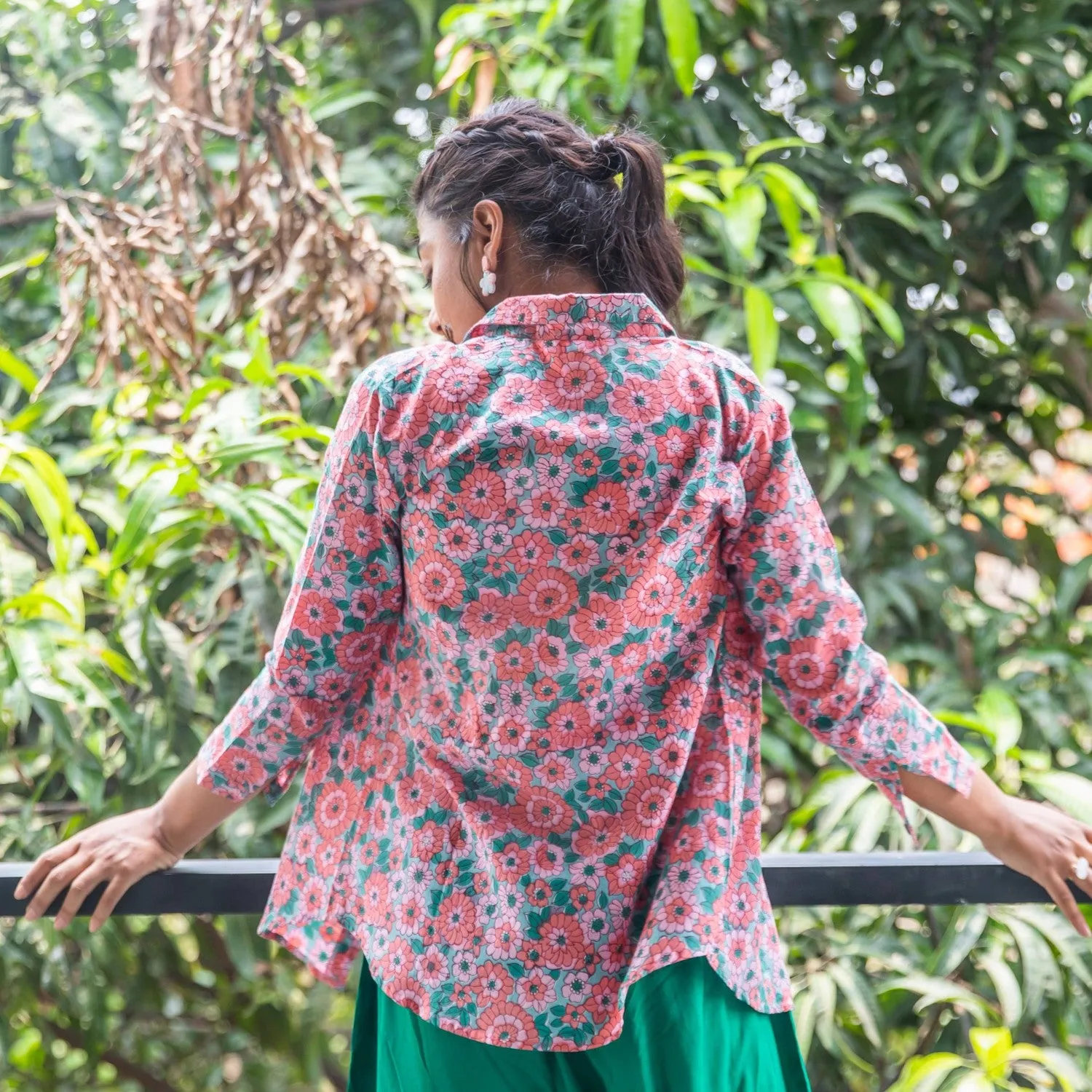 Peach & Green Daisy Floral Handblock Printed Shirt
