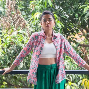 Peach & Green Daisy Floral Handblock Printed Shirt