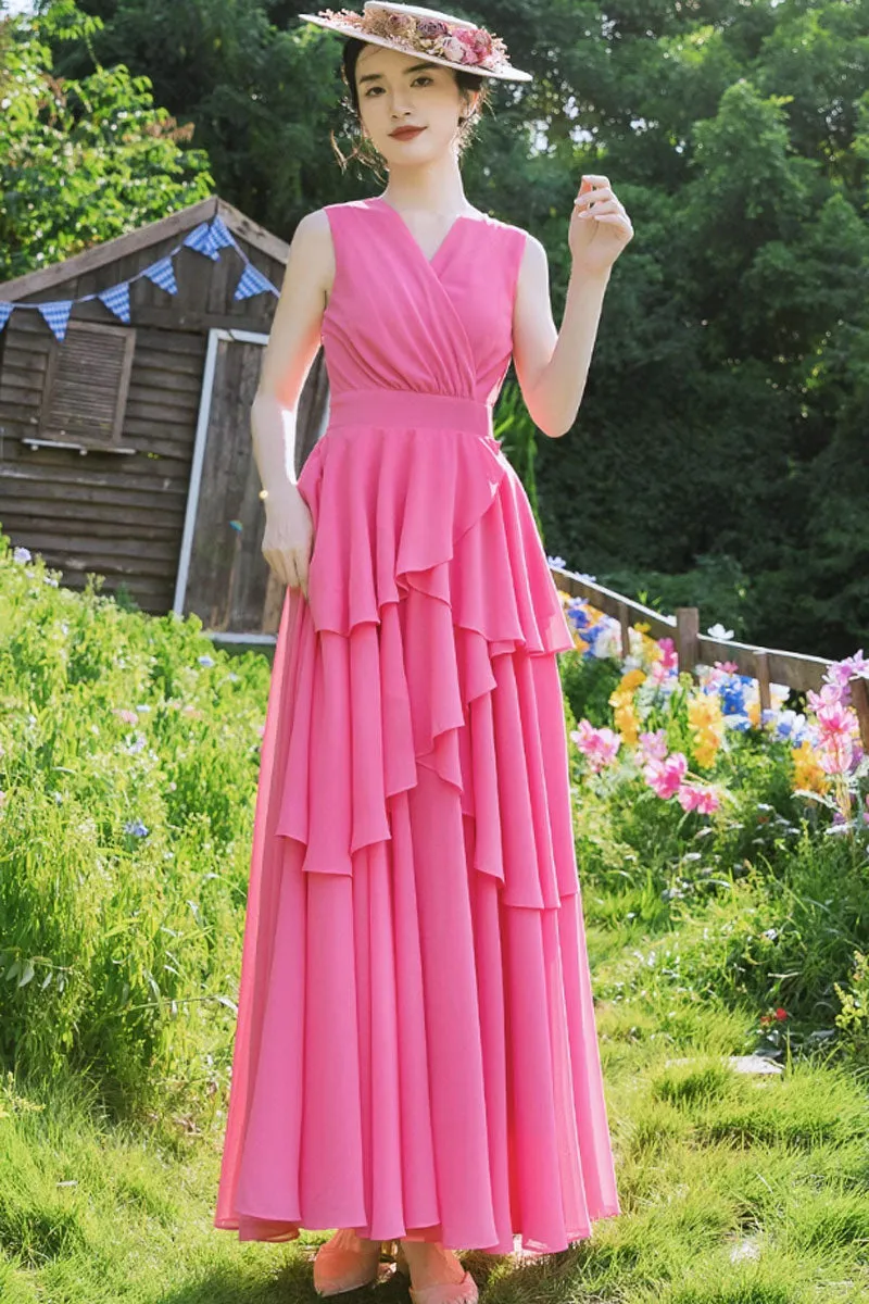 pink V neck summer chiffon dress 4440
