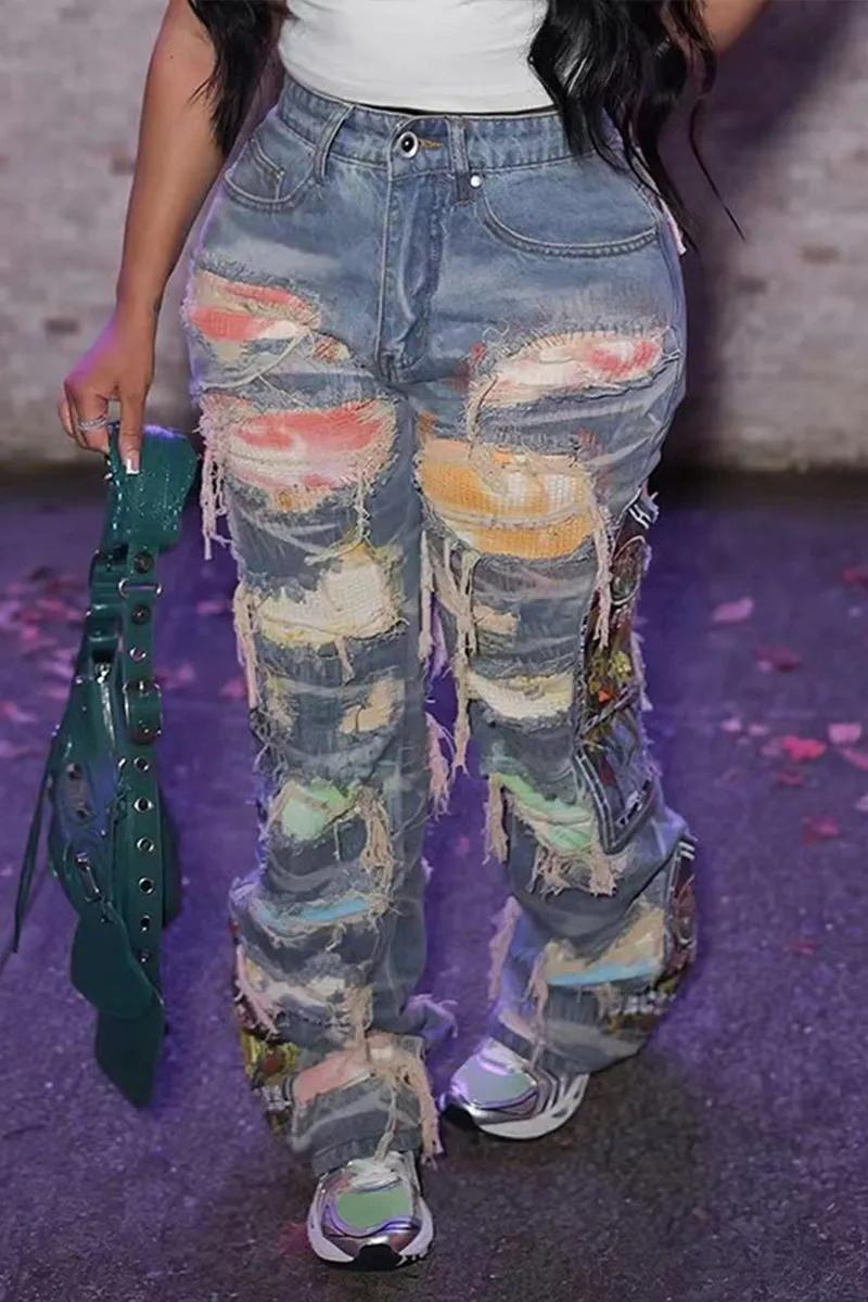 PL0238 Ripped Cutout Denim Jeans