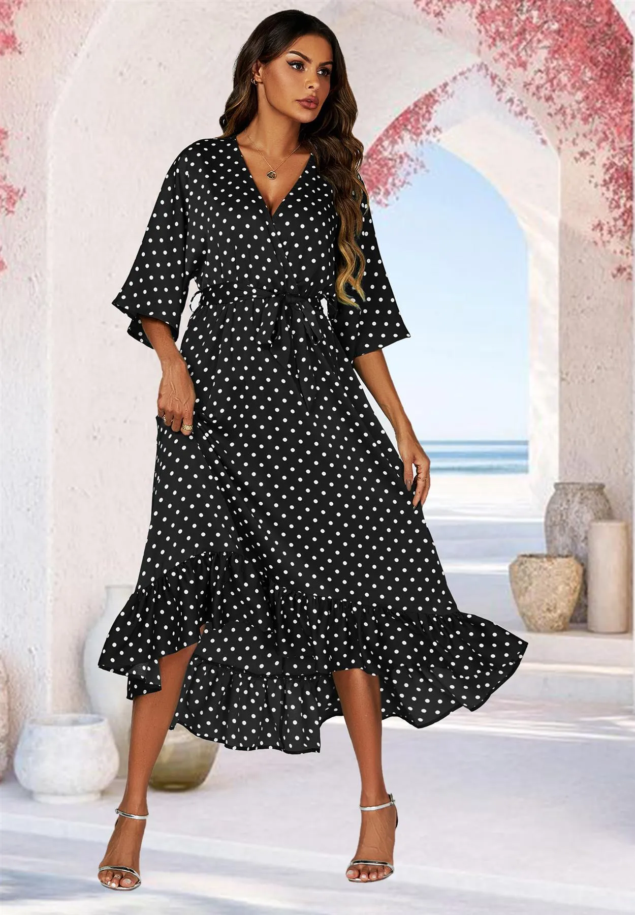 Polka Dot Print Wrap Top Kimono Sleeve Maxi Dress In Black