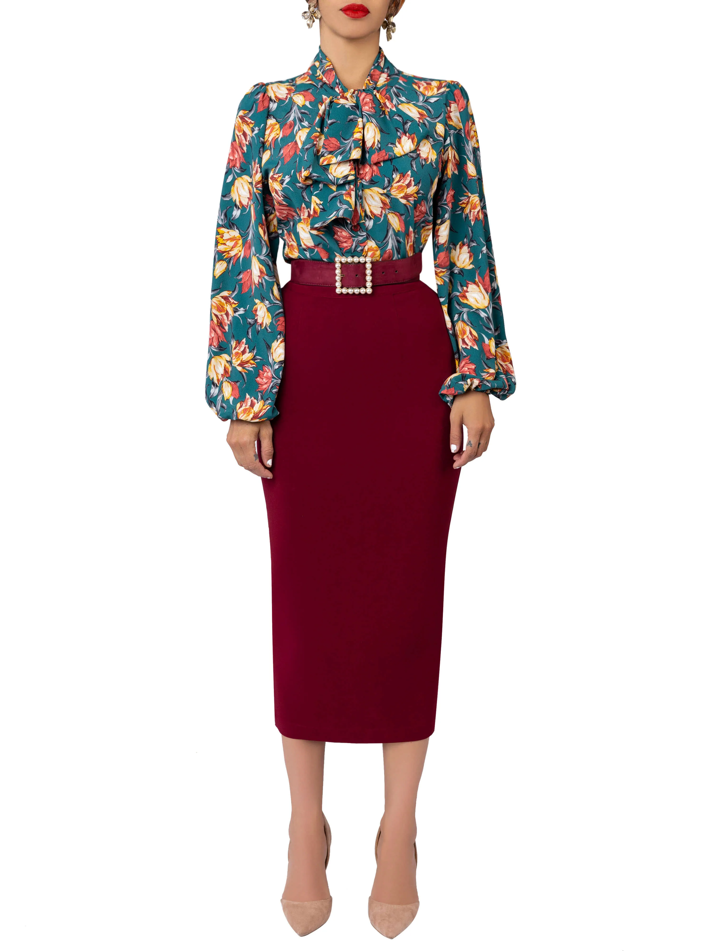 "Pomegranate" Burgundy Pencil Midi Skirt
