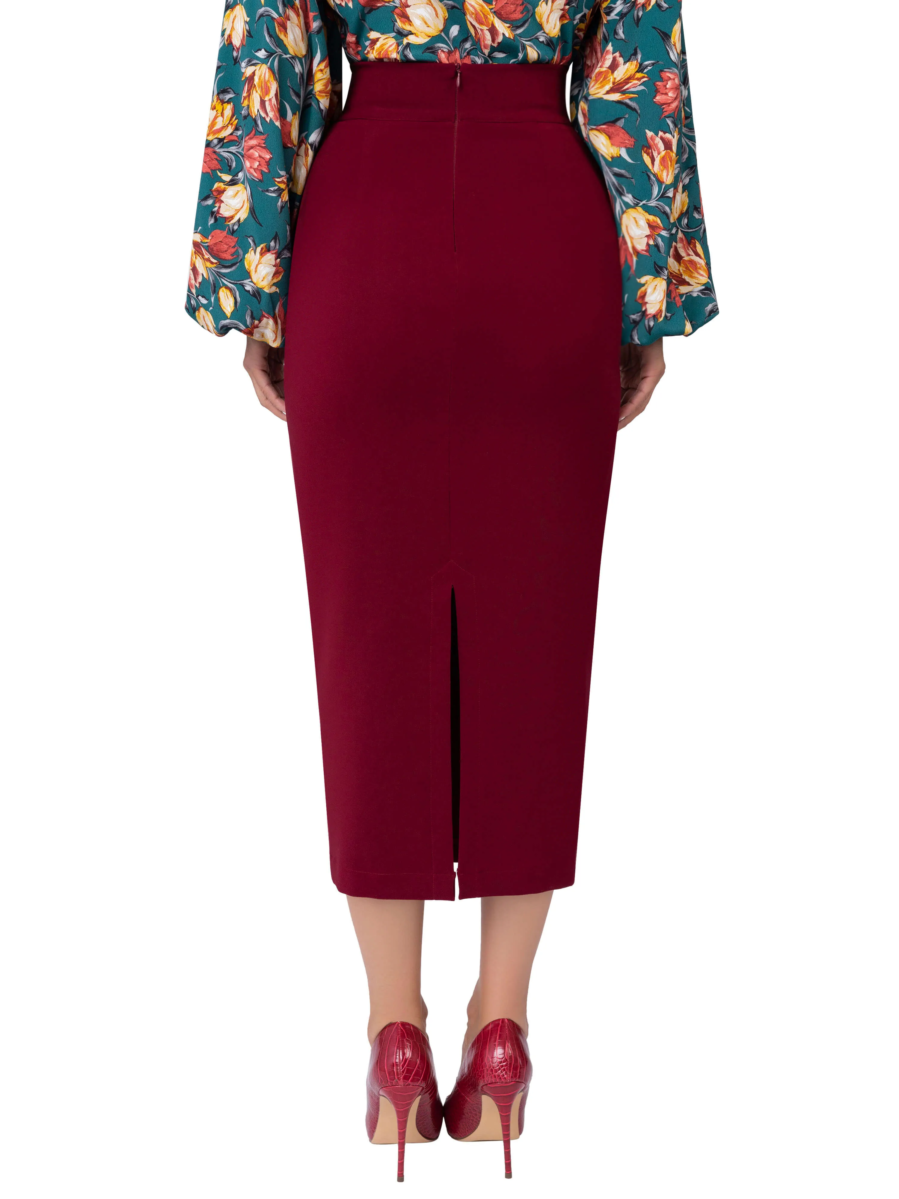 "Pomegranate" Burgundy Pencil Midi Skirt